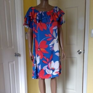 London Times Bold Floral Blue, Red White Size 16 Dress On Or Off Shoulder